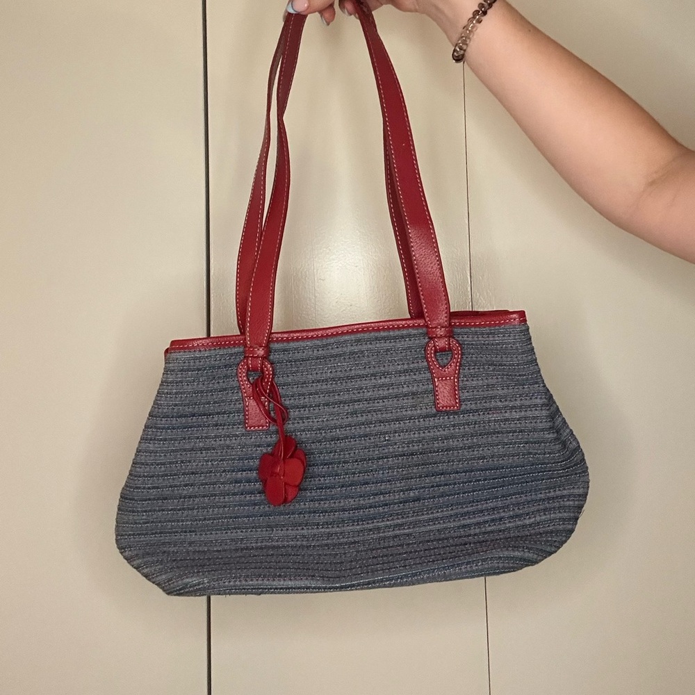Liz Claiborne Red and Blue Shoulder Bag with Leather Handles